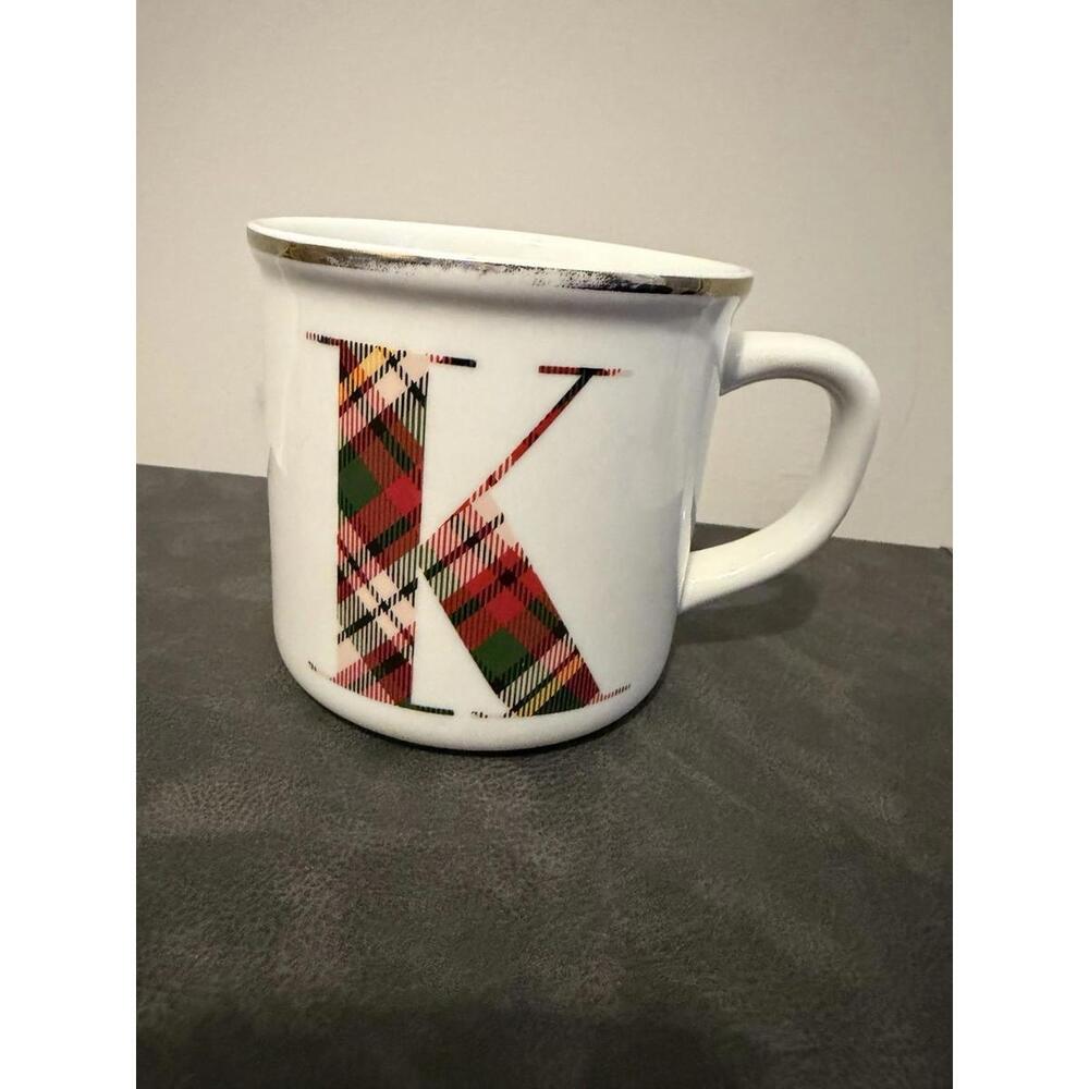 Pottery Barn Plaid Monogram “K” Mug – White & Tartan Letter – Holiday Coffee Cup